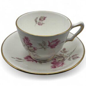 Crown Staffordshire England Teacup & Saucer Pink Rose Bone China Vintage